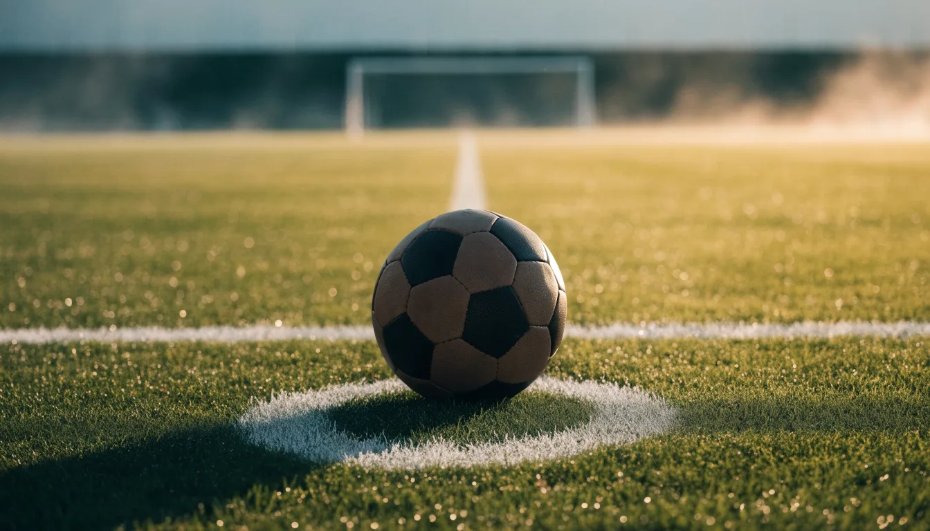 Uma bola de futebol no ponto central de um relvado, à luz da manhã