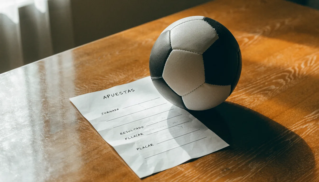 Uma bola de futebol pousada sobre um talão de apostas em branco numa mesa de madeira, à luz do dia