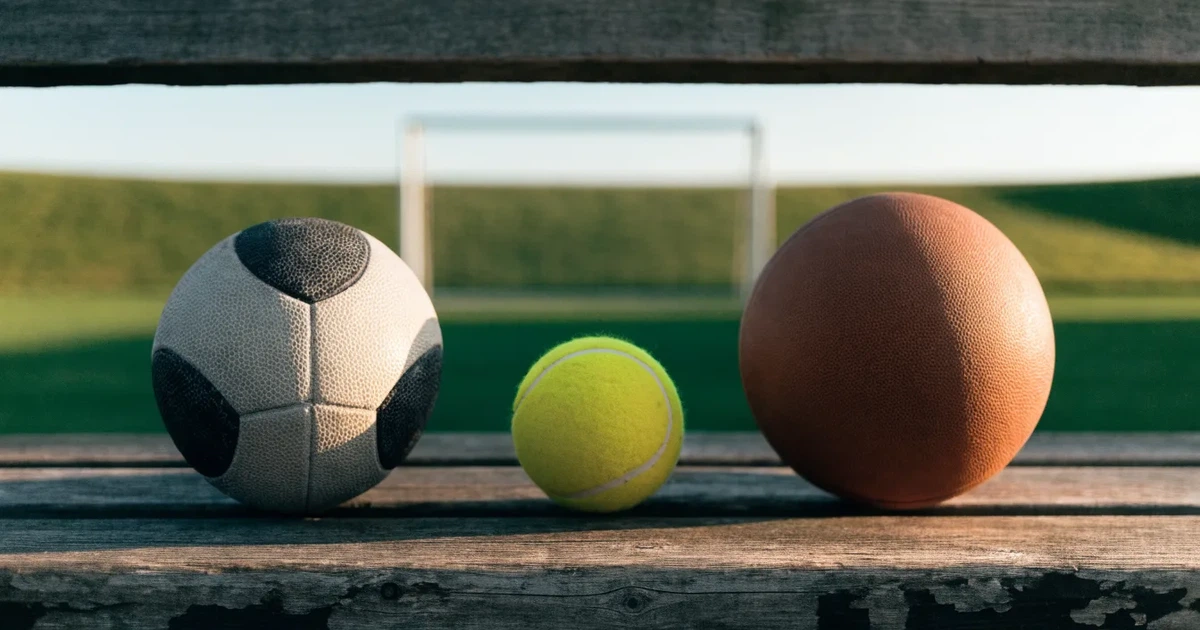 Três bolas de desportos diferentes alinhadas lado a lado num banco de madeira