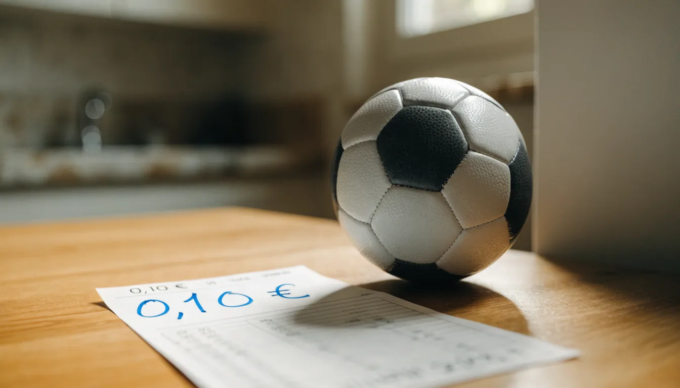 Uma bola de futebol pousada sobre um talão de apostas em branco numa mesa de madeira, à luz do dia