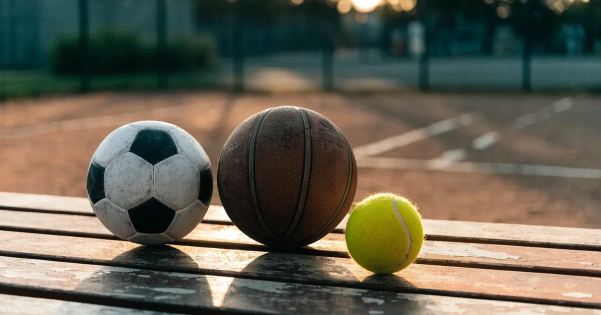 Três bolas de desportos diferentes alinhadas lado a lado num banco de madeira