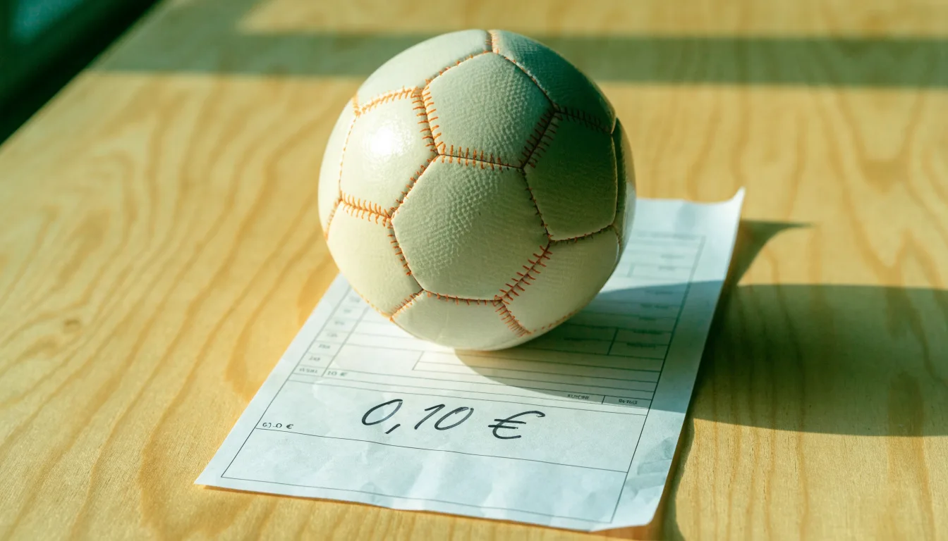 Uma bola de futebol pousada sobre um talão de apostas em branco numa mesa de madeira, à luz do dia