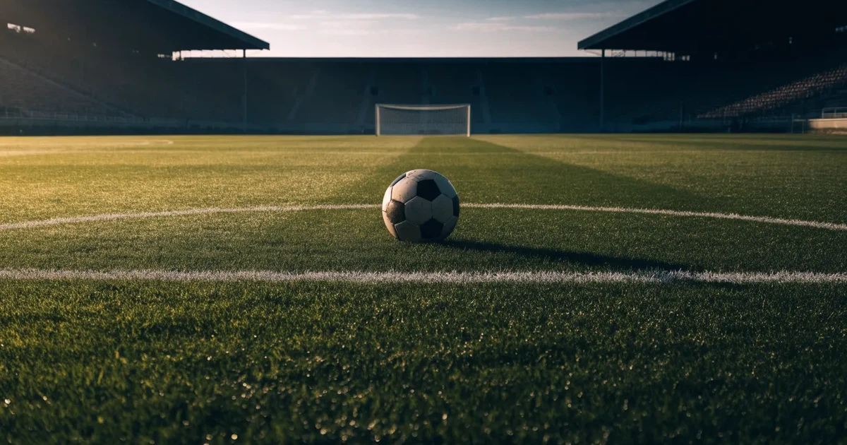 Uma bola de futebol no ponto central de um relvado, à luz da manhã