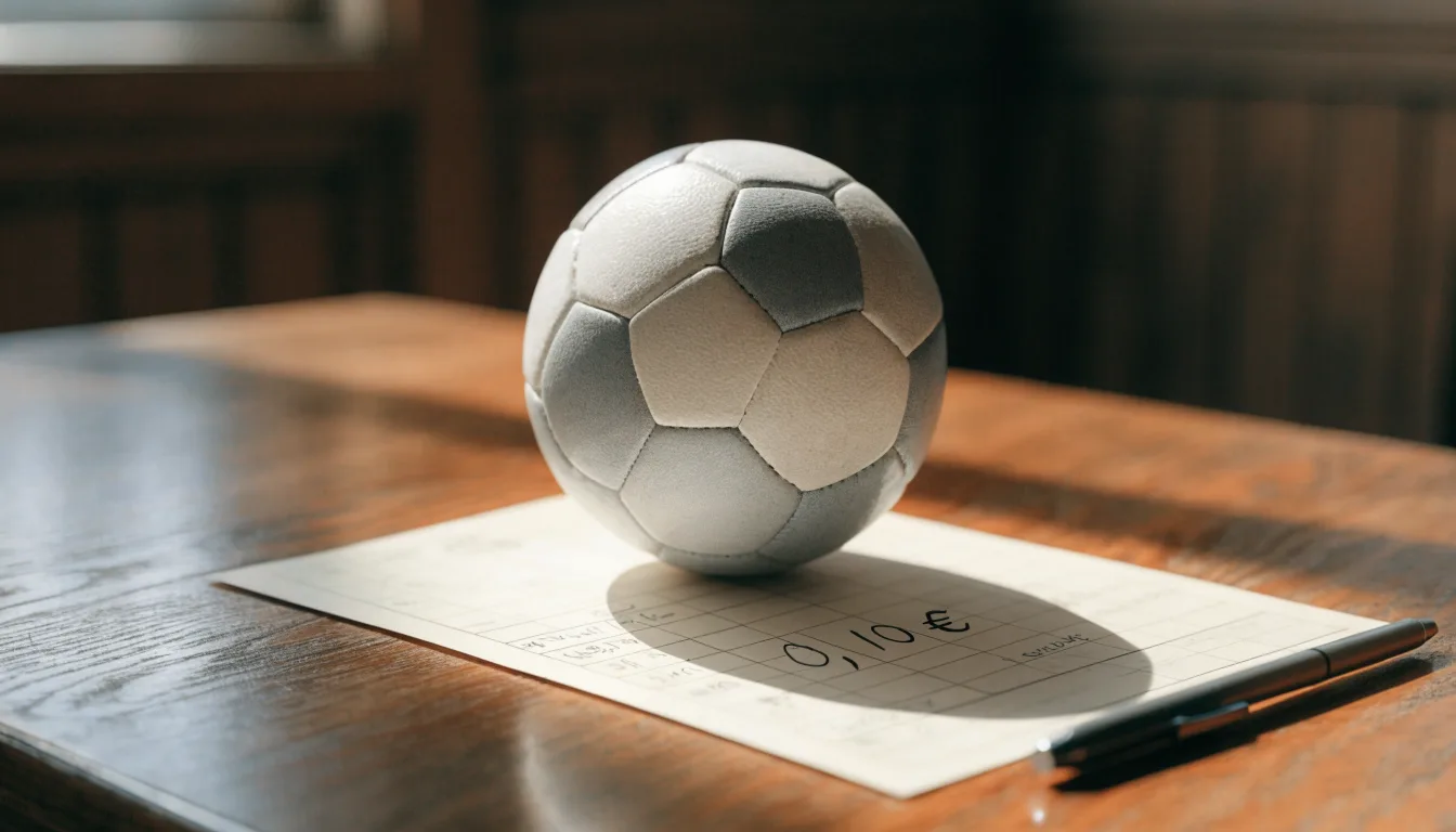 Uma bola de futebol pousada sobre um talão de apostas em branco numa mesa de madeira, à luz do dia