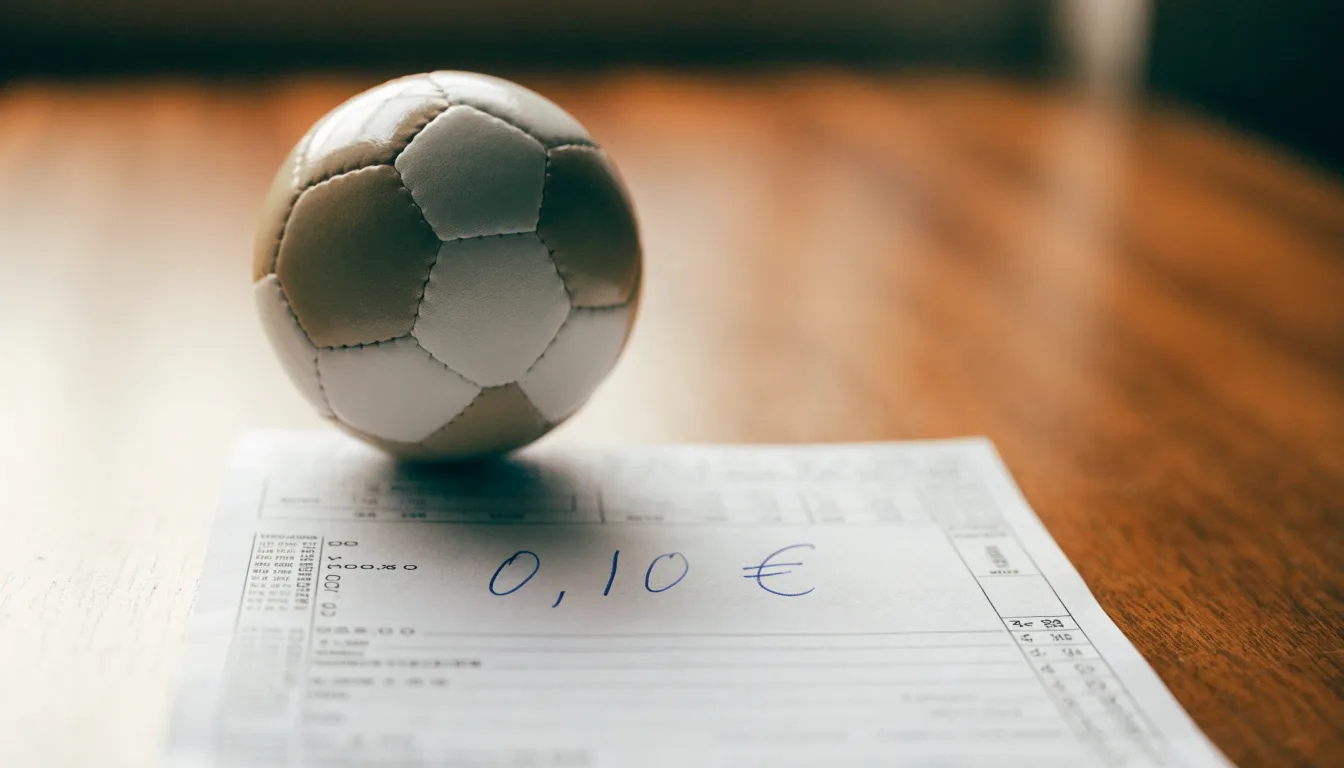 Uma bola de futebol pousada sobre um talão de apostas em branco numa mesa de madeira, à luz do dia
