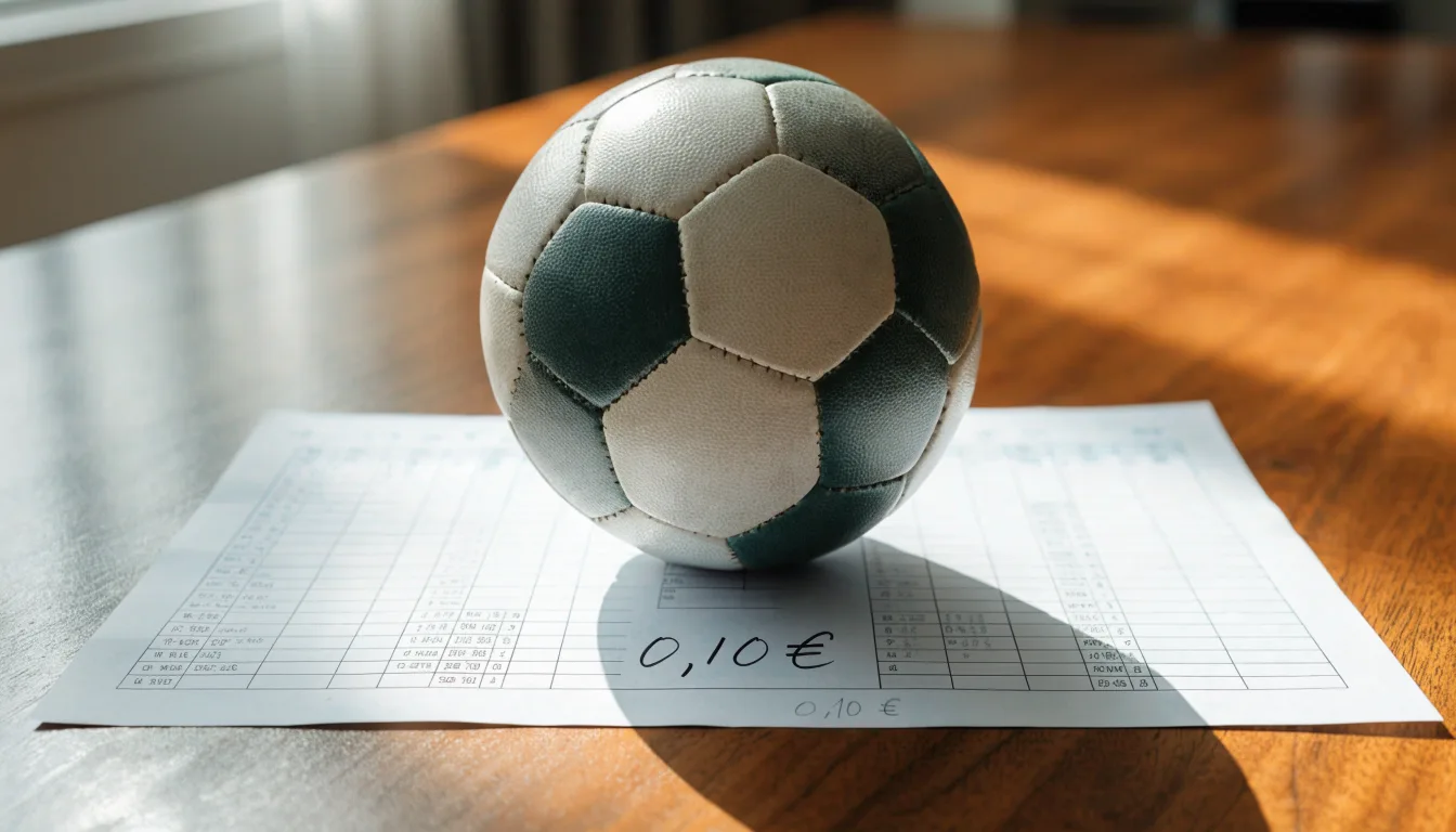 Uma bola de futebol pousada sobre um talão de apostas em branco numa mesa de madeira, à luz do dia