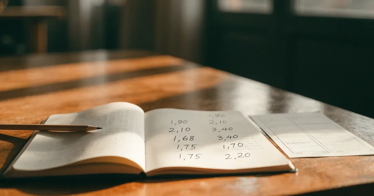 Um caderno aberto com cotas escritas à mão, uma calculadora e um lápis sobre uma mesa de madeira