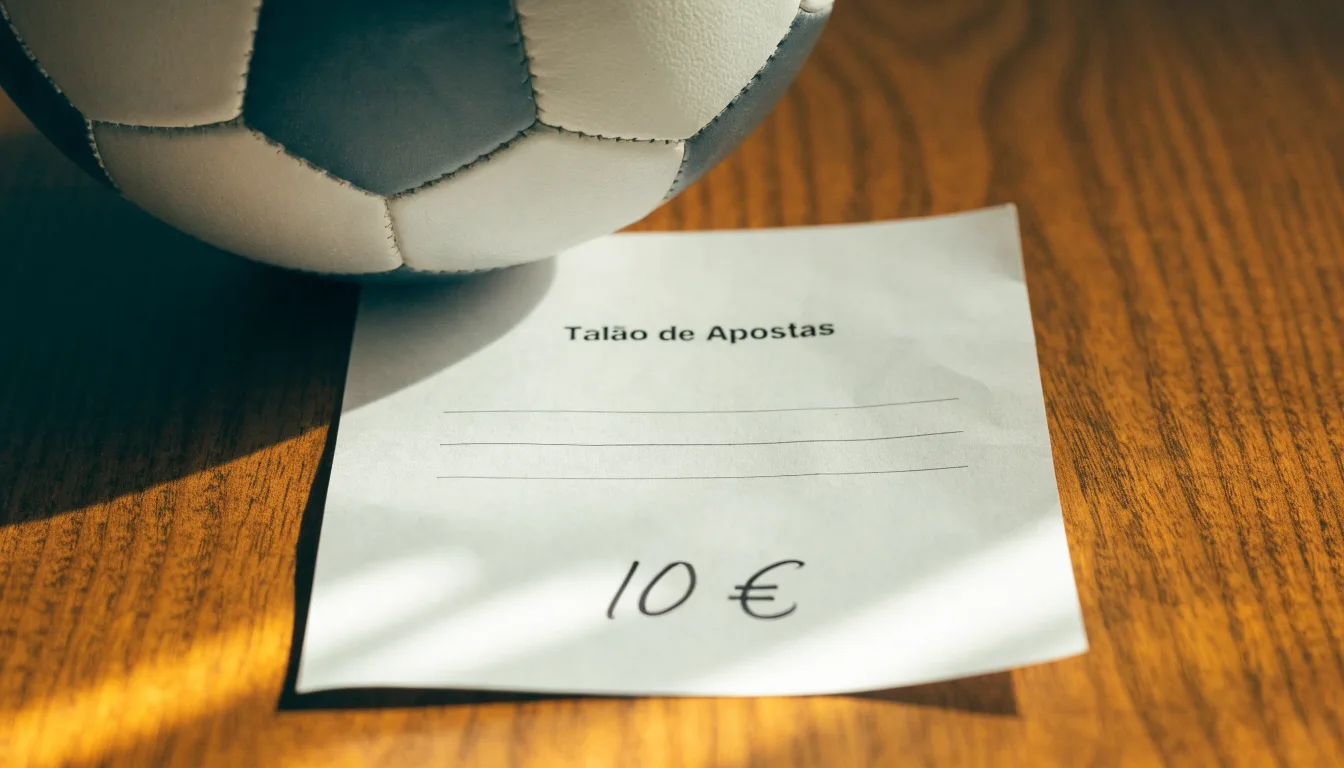 Uma bola de futebol pousada sobre um talão de apostas em branco numa mesa de madeira, à luz do dia