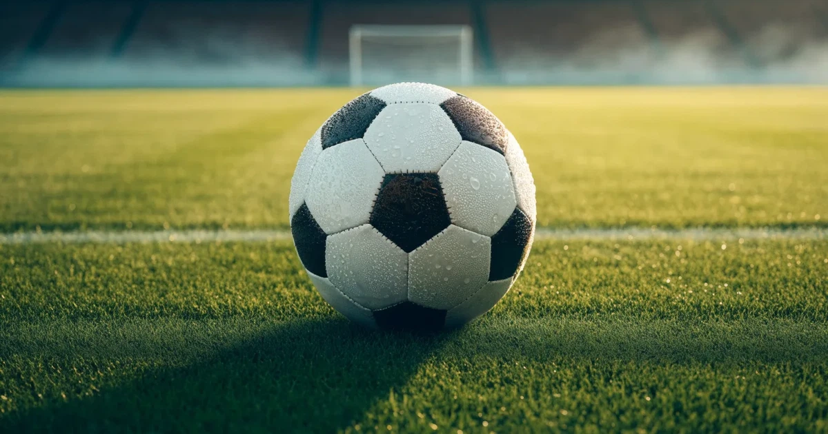 Uma bola de futebol no ponto central de um relvado, à luz da manhã