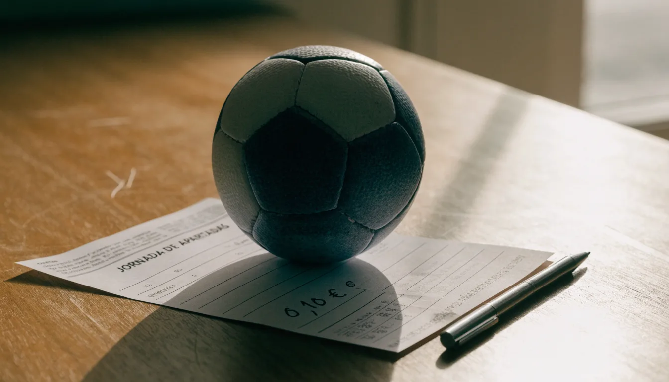 Uma bola de futebol pousada sobre um talão de apostas em branco numa mesa de madeira, à luz do dia