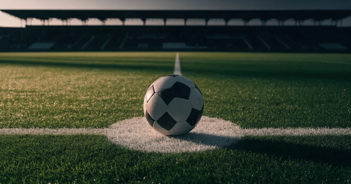 Uma bola de futebol no ponto central de um relvado, à luz da manhã