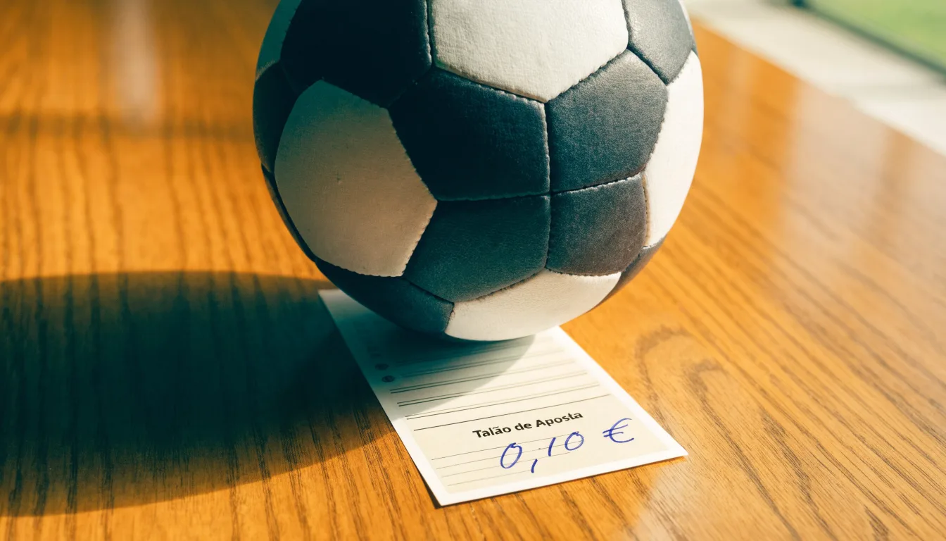 Uma bola de futebol pousada sobre um talão de apostas em branco numa mesa de madeira, à luz do dia