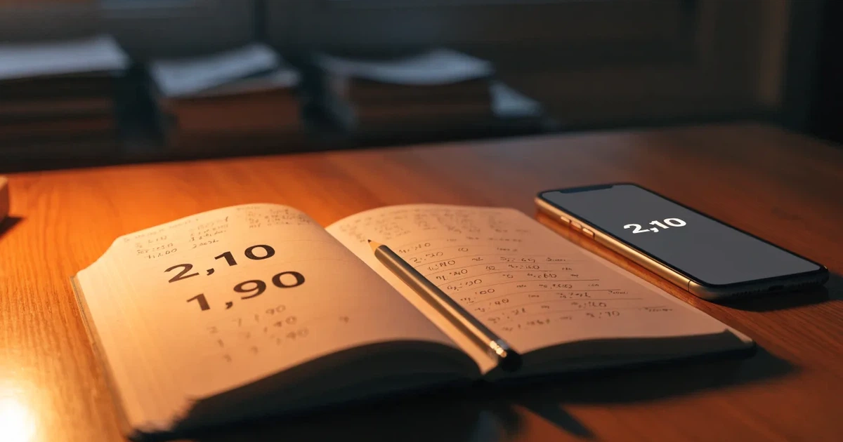 Um caderno aberto com cotas escritas à mão, uma calculadora e um lápis sobre uma mesa de madeira