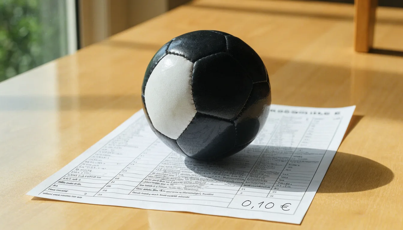 Uma bola de futebol pousada sobre um talão de apostas em branco numa mesa de madeira, à luz do dia