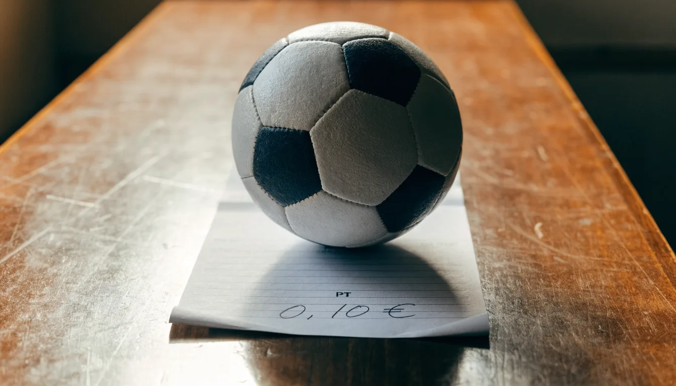 Uma bola de futebol pousada sobre um talão de apostas em branco numa mesa de madeira, à luz do dia