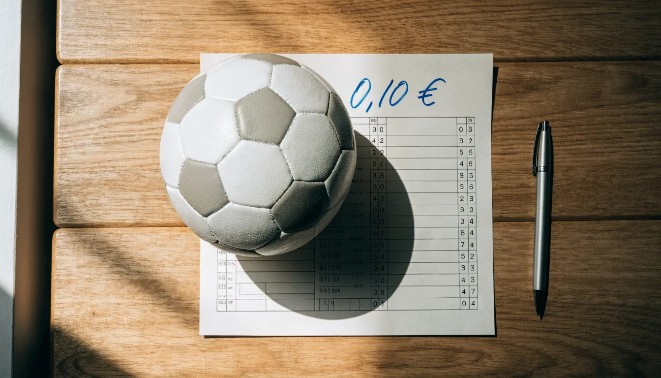 Uma bola de futebol pousada sobre um talão de apostas em branco numa mesa de madeira, à luz do dia