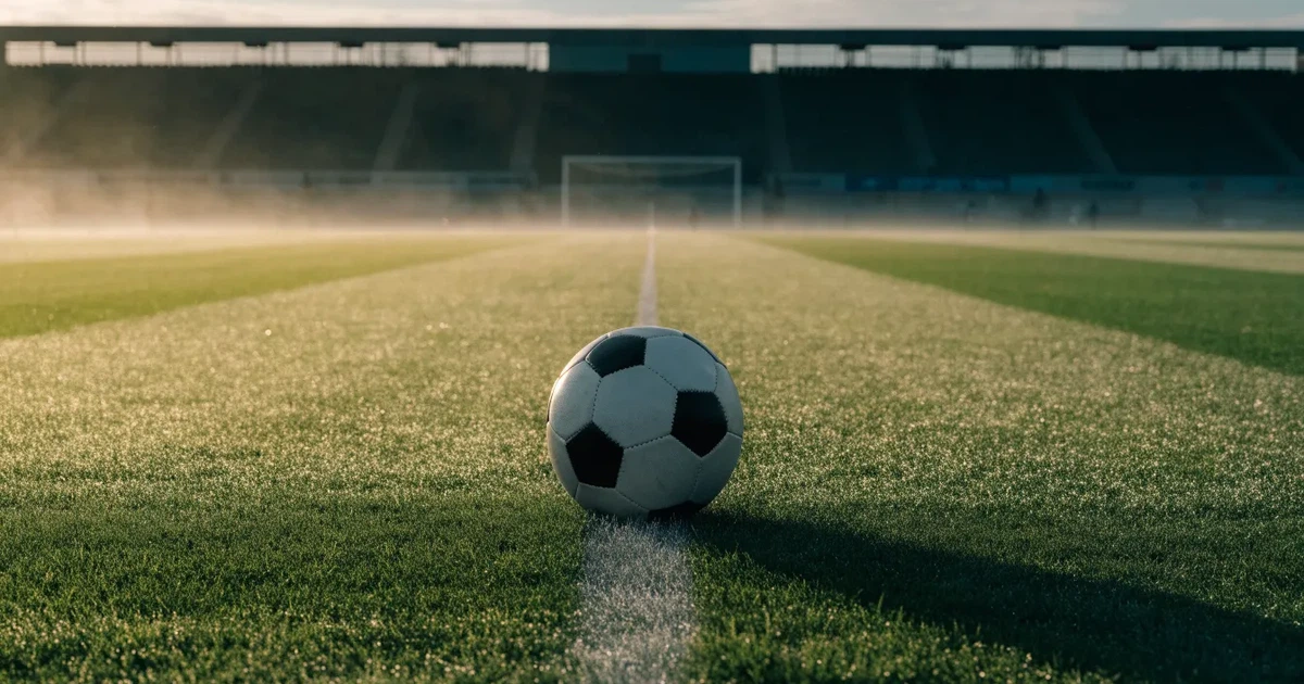 Uma bola de futebol no ponto central de um relvado, à luz da manhã