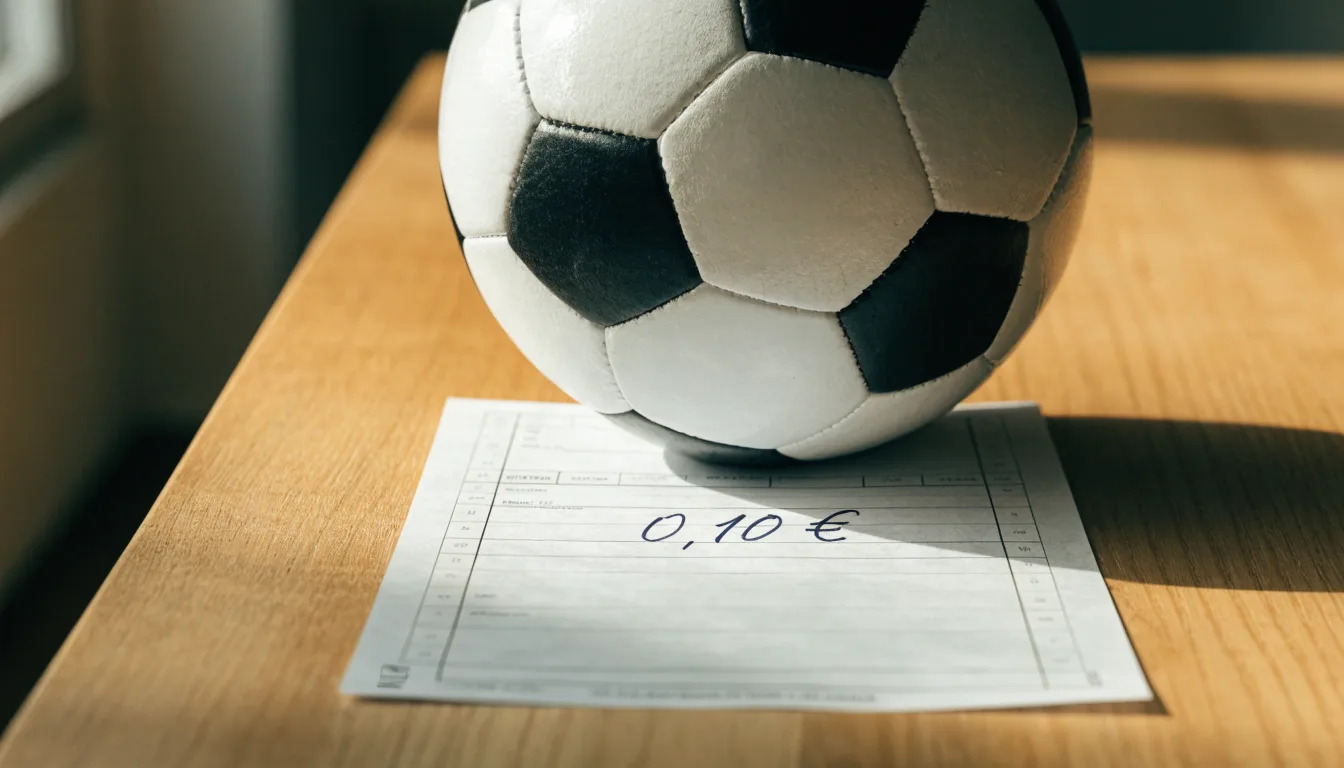 Uma bola de futebol pousada sobre um talão de apostas em branco numa mesa de madeira, à luz do dia