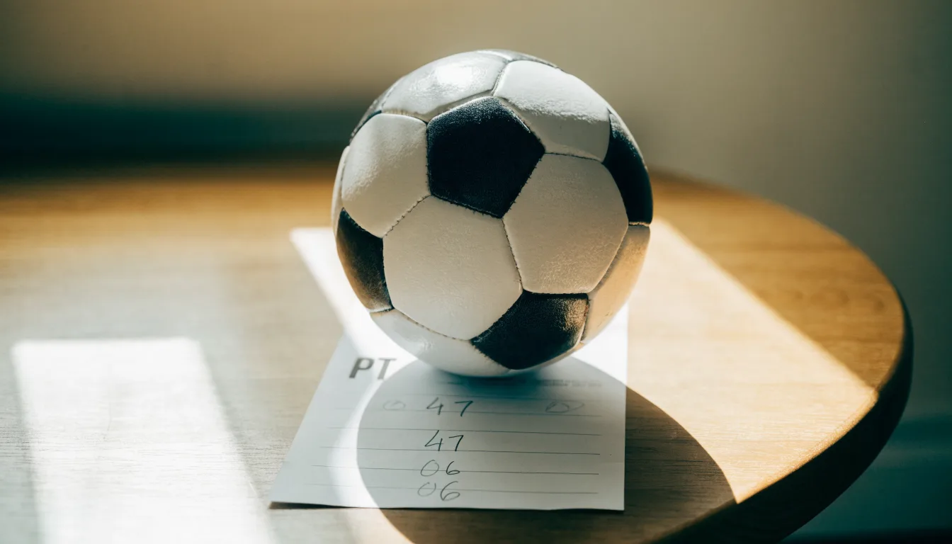 Uma bola de futebol pousada sobre um talão de apostas em branco numa mesa de madeira, à luz do dia