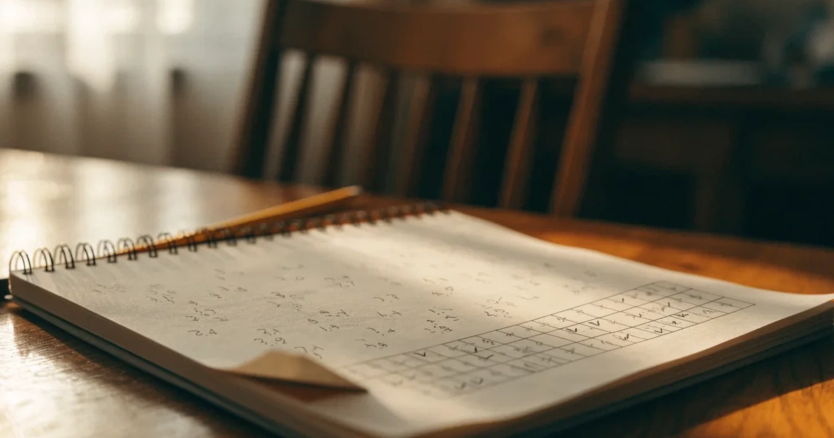 Um caderno aberto com cotas escritas à mão, uma calculadora e um lápis sobre uma mesa de madeira