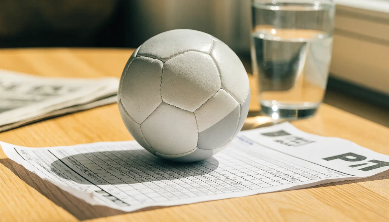 Uma bola de futebol pousada sobre um talão de apostas em branco numa mesa de madeira, à luz do dia