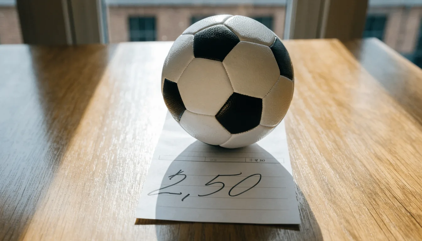 Uma bola de futebol pousada sobre um talão de apostas em branco numa mesa de madeira, à luz do dia