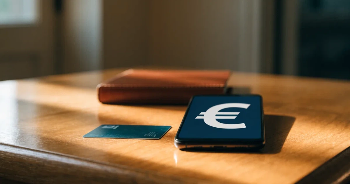 Um telemóvel e um cartão bancário lado a lado numa mesa de madeira, com algumas notas de euro ao lado