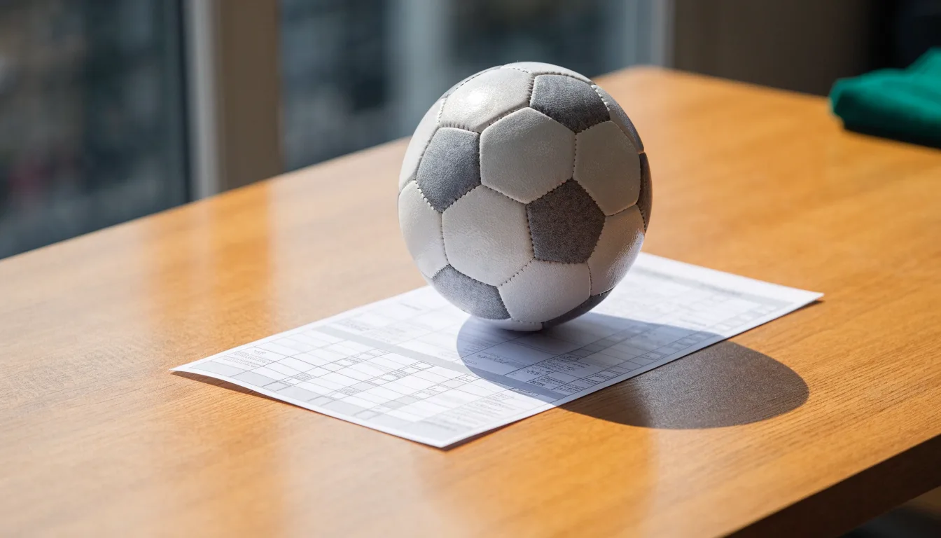 Uma bola de futebol pousada sobre um talão de apostas em branco numa mesa de madeira, à luz do dia